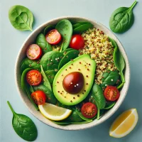 DALL·E 2024-11-09 22.49.50 – A vibrant photo of a quinoa and avocado salad featuring fresh spinach, cherry tomatoes, and a light dressing of lemon and olive oil. The dish is prese DALL·E 2024-11-09 22.49.50 - A vibrant photo of a quinoa and avocado salad featuring fresh spinach, cherry tomatoes, and a light dressing of lemon and olive oil. The dish is prese